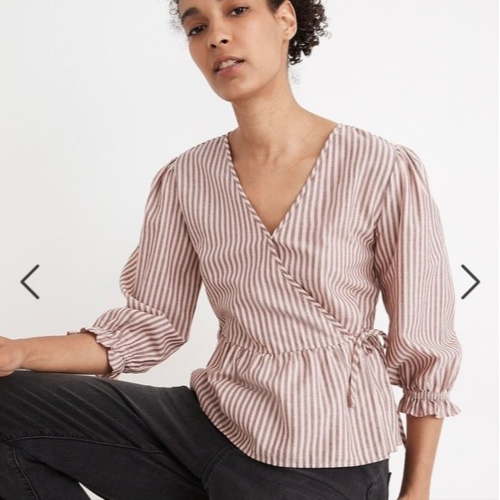 Madewell Puff-Sleeve Peplum Wrap Top in Striped Print XS